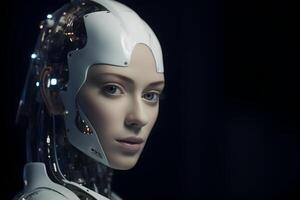 Closeup portrait of cybernetic artificial woman android robot photo