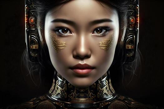 Closeup portrait of cybernetic artificial woman android robot photo