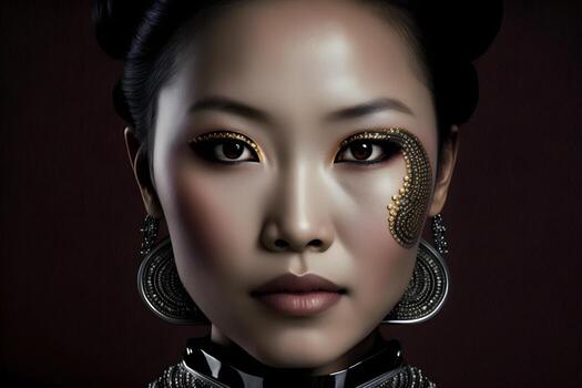 Closeup portrait of cybernetic artificial woman android robot photo