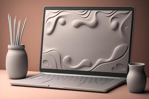 Mockup of modern laptop, smartphone, mac, pc, tablet on the table photo