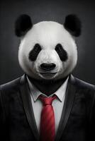 ai generado. de cerca retrato de linda panda en negro traje blanco camiseta y rojo Corbata foto