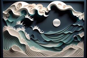 beautiful Ocean waves closeup view. different styles, paper cut, painting, drawing photo