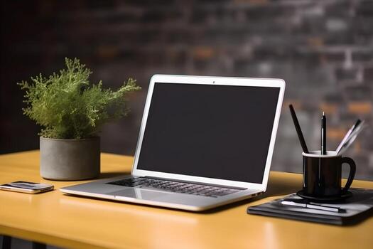 Mockup of modern laptop, smartphone, mac, pc, tablet on the table photo