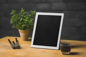 Mockup of modern laptop, smartphone, mac, pc, tablet on the table photo