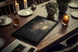 Mockup of modern laptop, smartphone, mac, pc, tablet on the table photo