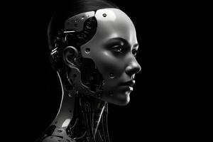 Closeup portrait of cybernetic artificial woman android robot photo