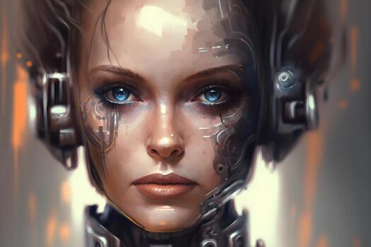 Closeup portrait of cybernetic artificial woman android robot photo
