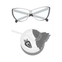 Set of glasses with clear lenses and mojito cocktail with strawberries and mint in grayscale. EPS vector