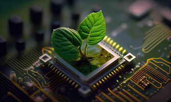 Growing tree on the converging point of acomputer circuit board. Nature with Digital Convergence and Technological Convergence. Green Computing, Green Technology, Green IT, csr, photo