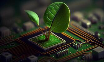 Growing tree on the converging point of acomputer circuit board. Nature with Digital Convergence and Technological Convergence. Green Computing, Green Technology, Green IT, csr, photo