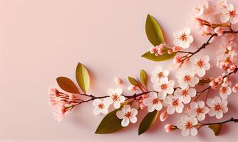Dreamy cherry blossoms as a natural border,on pink background. Cherry flowers in small clusters on a cherry tree branch on pink background with copyspace. Generative Ai photo