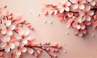 Dreamy cherry blossoms as a natural border,on pink background. Cherry flowers in small clusters on a cherry tree branch on pink background with copyspace. Generative Ai photo