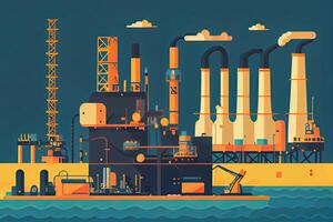 ilustración petróleo y gas planta con Envío cargando muelle a crepúsculo.procesamiento petróleo producto edificio de químico petróleo fábrica, pesado industrial sector. generativo ai foto