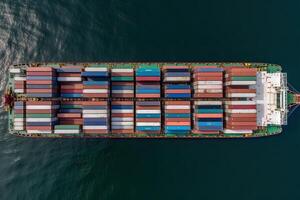 Container ships transporting large cargo to import and export goods internationally around the world, including Asia Pacific and Europe, sea Mediterranean Aerial view with drone camera. photo