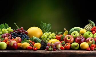 frutas, verduras, y bayas para tu diseño en verde borroso antecedentes. Fresco vegetales y frutas antecedentes. generativo ai. foto