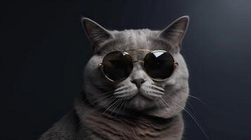 gracioso estudio Disparo de frio gato vistiendo Gafas de sol en gris antecedentes con Copiar espacio. generativo ai. foto