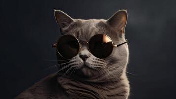 gracioso estudio Disparo de frio gato vistiendo Gafas de sol en gris antecedentes con Copiar espacio. generativo ai. foto