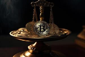 oro moneda bitcoin en un negro antecedentes. el concepto de cripto divisa. blockchain tecnología. mezclado medios de comunicación. generativo ai. foto