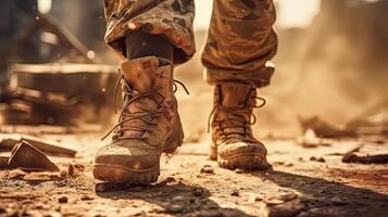 cerca arriba ilustración de un militar hombre caminando en un vacío destruido ambiente. destrucción, guerra escena. fumar y niebla. triste combate sentimiento. generativo ai foto