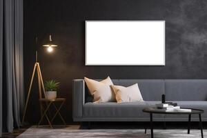 Modern home interior in dark colors with sofa and lamp. Mockup frame. photo