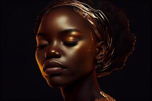 africano mujer, un de piel oscura mujer con dorado constituir. Arte retrato. generativo ai foto