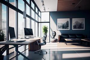 Business office in business tones, interior with large windows and penetrating sunlight. photo