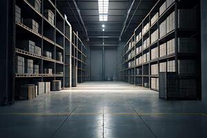 The interior of the Large Storage Room with shelves, racks, and merchandise. Business background. photo