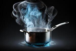 Metal pot with open lid and hot food with steam coming from it. Dark background. The chef. Generative AI photo