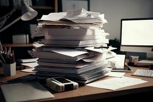 A large stack of papers in the office on the desk. Business analytics. photo