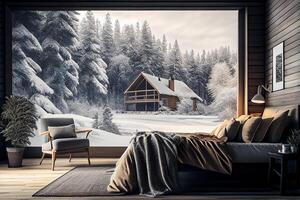 bonito acogedor chalet interior de de madera dormitorio con vista a invierno para descanso. generativo ai foto