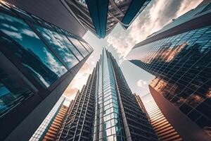 Business city, skyscrapers jutting into the sky, view from below. photo