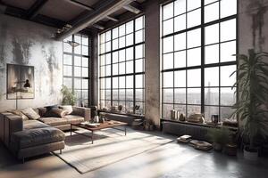 moderno industrial interior de el vivo habitación con panorámico ventanas generativo ai foto