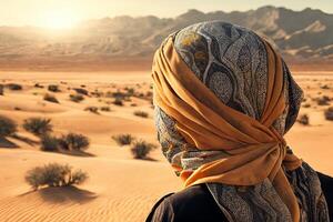 un árabe mujer en un Pañuelo, en la foto en un hiyab, mirando fuera terminado un arenoso Desierto con barchanes. generativo ai