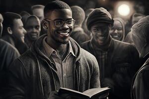 un joven negro africano adolescente leyendo un libro, sonriente y parpadeo su ojo. generativo ai foto