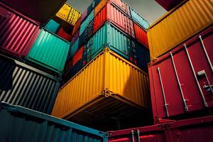 Warehouse of large sea freight containers. The concept of freight delivery and logistics. CARGO. Generative AI photo