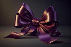 un hermosamente atado púrpura seda cinta regalo arco en un oscuro antecedentes. generativo ai foto