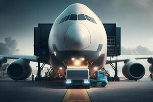 Cargo plane on loading at the airport terminal, front view. photo