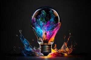 A light bulb with strokes of paint in neon colors. A creative concept for creativity. photo