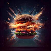 A hamburger in the air in the form of an explosion. Fast food concept. Dark background. photo