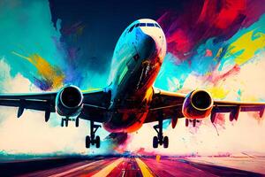 Passenger plane lands at airport, Colorfully drawn image, art. photo