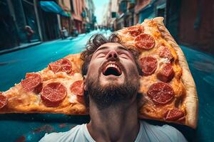 un joven hombre con un abierto boca mentiras en un pedazo de Pizza en el calle y expresa alegría. generativo ai foto