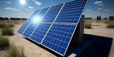 The solar panel is set outside against a background of sky with clouds. photo