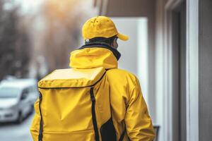 Dark-skinned girl in yellow jacket, Food Delivery Girl in town. photo