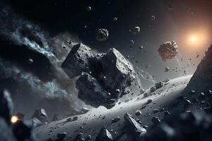 Asteroids in outer space, falling asteroids on the planet's surface. Cosmic background. photo