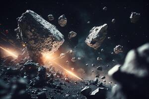 Asteroids in outer space, falling asteroids on the planet's surface. Cosmic background. photo