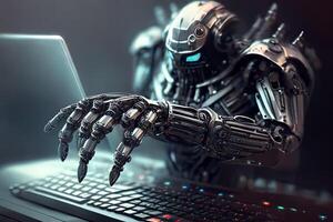 Artificial intelligence, a robot working in an office. photo