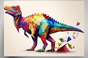 el dinosaurio es dibujado en un sábana de blanco papel en bajo escuela politécnica estilo, en de colores triangulos. niño dibujo con lápices de color. generativo ai foto