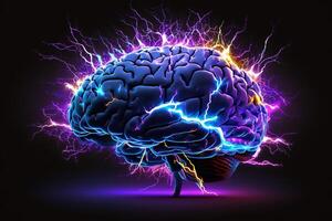 Brain blast, neon glowing brain with lightning bolts against a black background. Brainstorm, brain activity. photo