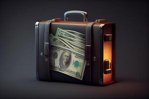 Money suitcase on a dark background. Black cash register. photo