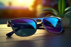 Sunglasses on a wooden table against a sunset backdrop. photo